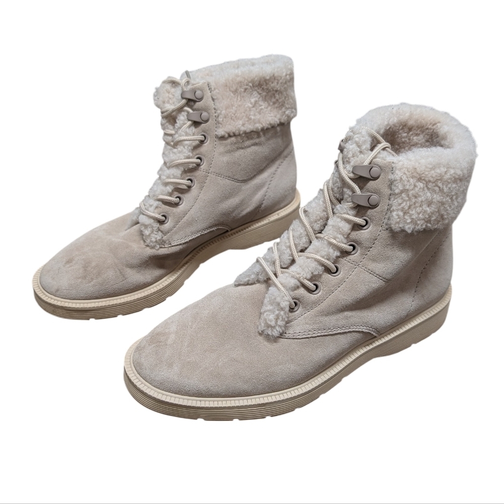 VINCE Women's Hayes Suede Shearling Lined Lace Up Beige Hiking Booties (Size 7M)